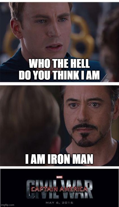 Marvel Civil War 1 Meme | WHO THE HELL
DO YOU THINK I AM; I AM IRON MAN | image tagged in memes,marvel civil war 1 | made w/ Imgflip meme maker