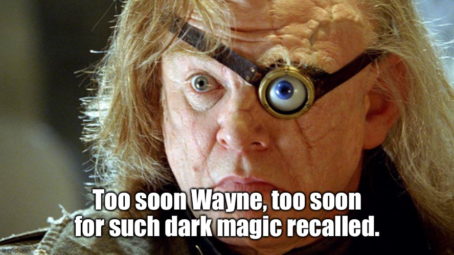 Too soon Wayne, too soon for such dark magic recalled. | made w/ Imgflip meme maker