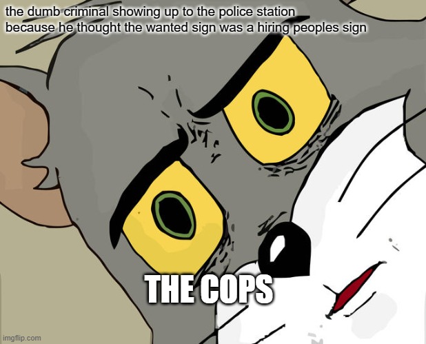 Unsettled Tom Meme | the dumb criminal showing up to the police station because he thought the wanted sign was a hiring peoples sign; THE COPS | image tagged in memes,unsettled tom | made w/ Imgflip meme maker