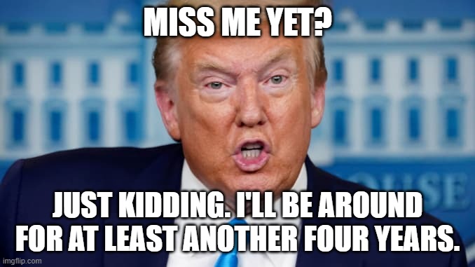 Donald trump | MISS ME YET? JUST KIDDING. I'LL BE AROUND FOR AT LEAST ANOTHER FOUR YEARS. | image tagged in funny | made w/ Imgflip meme maker