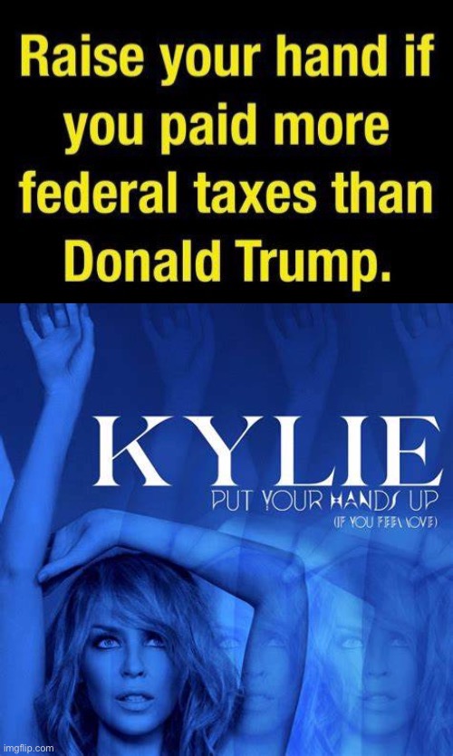 [Heck, she probably paid more in U.S. federal income tax, and she doesn’t even live here] | image tagged in kylie put your hands up if you feel love,donald trump taxes,taxes,tax,trump,trump is an asshole | made w/ Imgflip meme maker