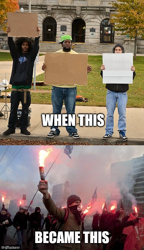 WHEN THIS BECAME THIS | image tagged in protest,3 demonstrators holding signs | made w/ Imgflip meme maker