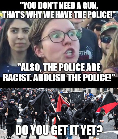 The end game. | "YOU DON'T NEED A GUN, THAT'S WHY WE HAVE THE POLICE!"; "ALSO, THE POLICE ARE RACIST. ABOLISH THE POLICE!"; DO YOU GET IT YET? | image tagged in angry sjw,guns,police,democrats | made w/ Imgflip meme maker