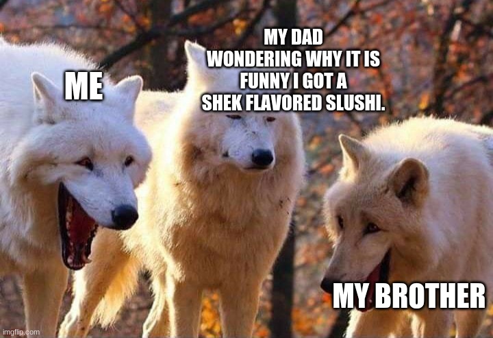 Laughing wolf | MY DAD WONDERING WHY IT IS FUNNY I GOT A SHEK FLAVORED SLUSHI. ME; MY BROTHER | image tagged in laughing wolf | made w/ Imgflip meme maker