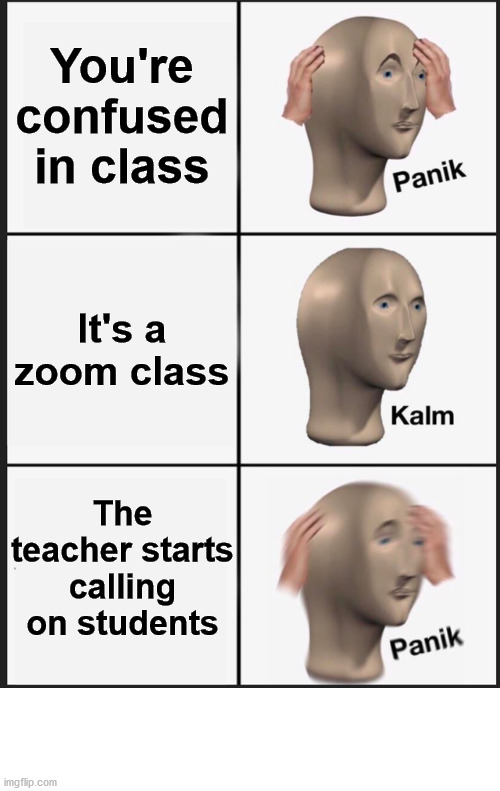 Zoom classes in a nutshell | You're confused in class; It's a zoom class; The teacher starts calling on students | image tagged in memes,panik kalm panik | made w/ Imgflip meme maker