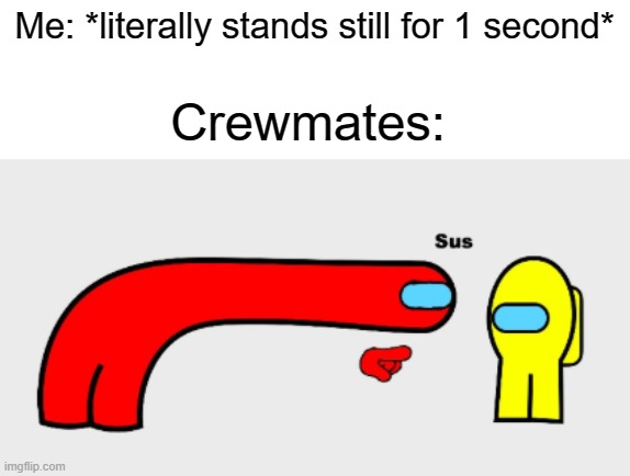 suspicous |  Me: *literally stands still for 1 second*; Crewmates: | image tagged in sus,suspicious,funny,memes,among us | made w/ Imgflip meme maker
