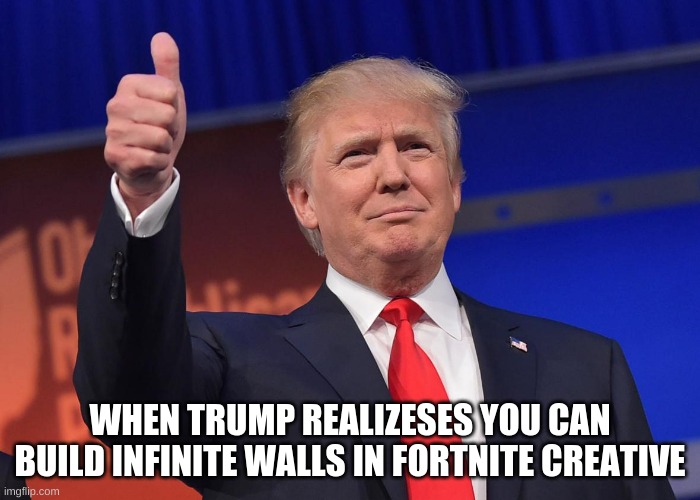 donald trump | WHEN TRUMP REALIZESES YOU CAN BUILD INFINITE WALLS IN FORTNITE CREATIVE | image tagged in donald trump | made w/ Imgflip meme maker