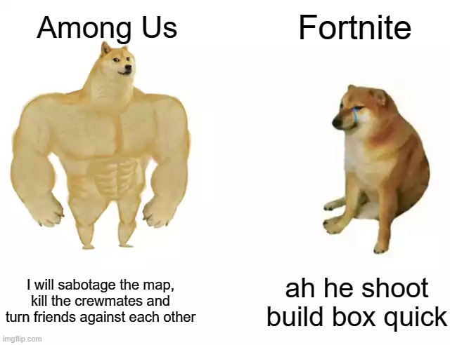 Among Us vs Fortnite | Fortnite; Among Us; I will sabotage the map, kill the crewmates and turn friends against each other; ah he shoot build box quick | image tagged in memes,among us,fortnite | made w/ Imgflip meme maker