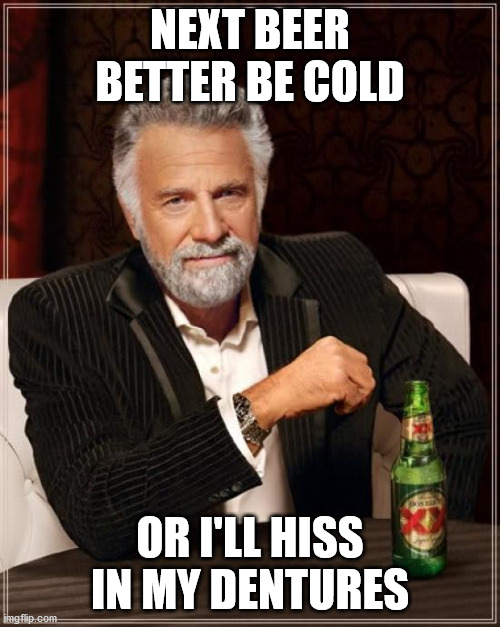 The Most Interesting Man In The World | NEXT BEER BETTER BE COLD; OR I'LL HISS IN MY DENTURES | image tagged in memes,the most interesting man in the world | made w/ Imgflip meme maker