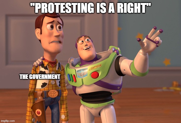 X, X Everywhere | "PROTESTING IS A RIGHT"; THE GOVERNMENT | image tagged in memes,x x everywhere | made w/ Imgflip meme maker