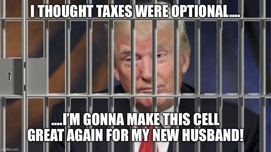 Trump Behind Bars | I THOUGHT TAXES WERE OPTIONAL.... ....I’M GONNA MAKE THIS CELL GREAT AGAIN FOR MY NEW HUSBAND! | image tagged in trump behind bars | made w/ Imgflip meme maker