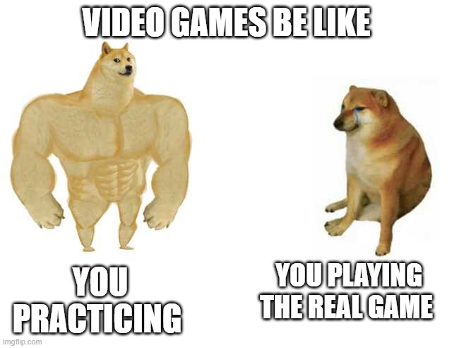 You playing Video Games be like | VIDEO GAMES BE LIKE; YOU PLAYING THE REAL GAME; YOU PRACTICING | image tagged in strong doge weak doge | made w/ Imgflip meme maker