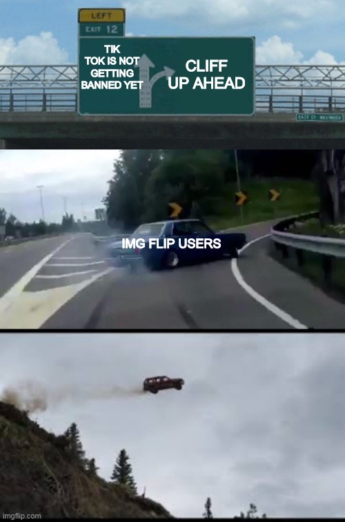 CLIFF UP AHEAD; TIK
TOK IS NOT GETTING BANNED YET; IMG FLIP USERS | image tagged in memes,left exit 12 off ramp | made w/ Imgflip meme maker