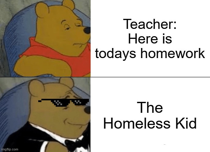 Homeless Homework | Teacher: Here is todays homework; The Homeless Kid | image tagged in memes,tuxedo winnie the pooh | made w/ Imgflip meme maker