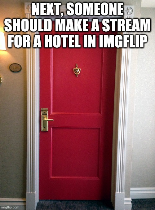 It's Just A Suggestion (you know, like vacations) | NEXT, SOMEONE SHOULD MAKE A STREAM FOR A HOTEL IN IMGFLIP | image tagged in hotel door | made w/ Imgflip meme maker