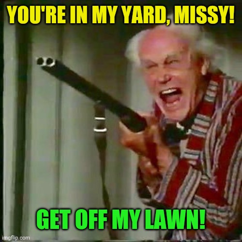 Old man with gun | YOU'RE IN MY YARD, MISSY! GET OFF MY LAWN! | image tagged in old man with gun | made w/ Imgflip meme maker