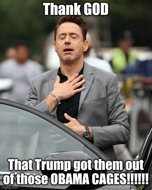 Robert Downey Jr | Thank GOD That Trump got them out of those OBAMA CAGES!!!!!! | image tagged in robert downey jr | made w/ Imgflip meme maker