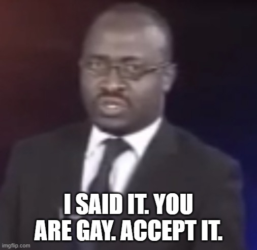Why are you Gay | I SAID IT. YOU ARE GAY. ACCEPT IT. | image tagged in why are you gay | made w/ Imgflip meme maker