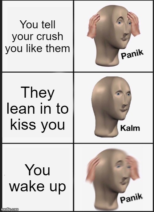 Panik Kalm Panik | You tell your crush you like them; They lean in to kiss you; You wake up | image tagged in memes,panik kalm panik | made w/ Imgflip meme maker