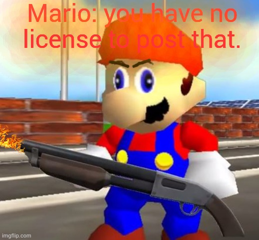 SMG4 Shotgun Mario | Mario: you have no license to post that. | image tagged in smg4 shotgun mario | made w/ Imgflip meme maker