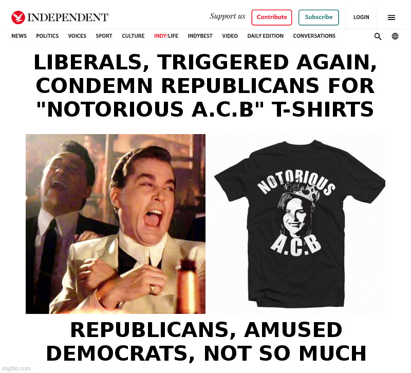 Liberals Triggered - Again! | image tagged in amy coney barrett,supreme court,t-shirt,joke,goodfellas laugh,triggered liberals | made w/ Imgflip meme maker