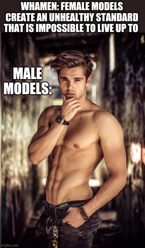 Troof | WHAMEN: FEMALE MODELS CREATE AN UNHEALTHY STANDARD THAT IS IMPOSSIBLE TO LIVE UP TO; MALE MODELS: | image tagged in funny memes | made w/ Imgflip meme maker
