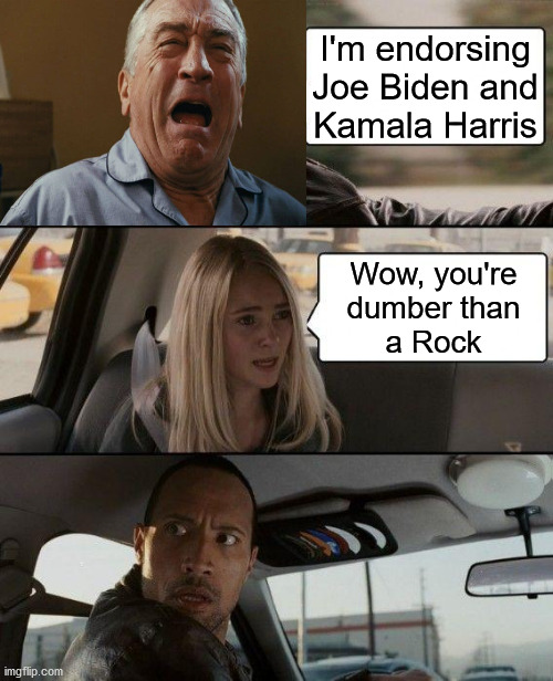 The Rock Driving | I'm endorsing Joe Biden and
Kamala Harris; Wow, you're
dumber than
a Rock | image tagged in memes,the rock driving,robert deniro,joe biden,kamala harris,dumb and dumber | made w/ Imgflip meme maker