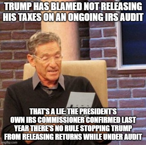 Tax Cheat TЯump | TRUMP HAS BLAMED NOT RELEASING HIS TAXES ON AN ONGOING IRS AUDIT; THAT'S A LIE: THE PRESIDENT’S OWN IRS COMMISSIONER CONFIRMED LAST YEAR THERE'S NO RULE STOPPING TRUMP FROM RELEASING RETURNS WHILE UNDER AUDIT | image tagged in memes,maury lie detector,taxes,donald trump,corruption | made w/ Imgflip meme maker