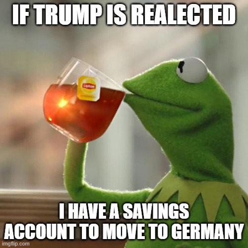 But That's None Of My Business | IF TRUMP IS REALECTED; I HAVE A SAVINGS ACCOUNT TO MOVE TO GERMANY | image tagged in memes,but that's none of my business,kermit the frog | made w/ Imgflip meme maker