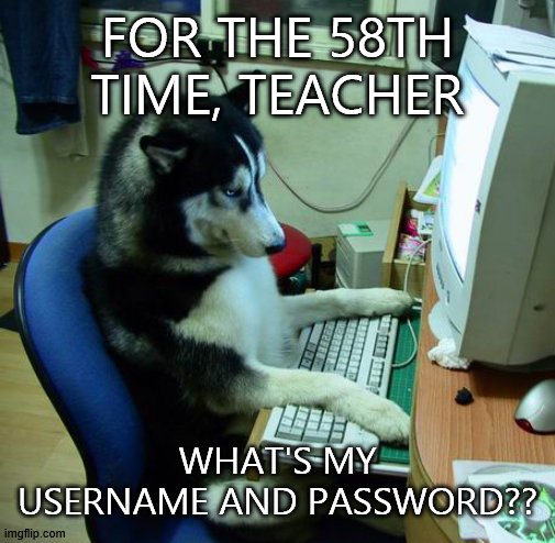 I Have No Idea What I Am Doing | FOR THE 58TH TIME, TEACHER; WHAT'S MY USERNAME AND PASSWORD?? | image tagged in memes,i have no idea what i am doing | made w/ Imgflip meme maker
