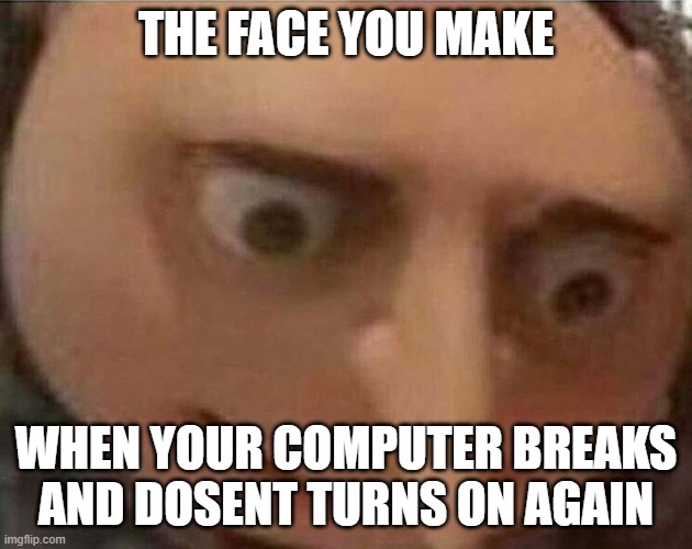POV: | THE FACE YOU MAKE; WHEN YOUR COMPUTER BREAKS AND DOSENT TURNS ON AGAIN | image tagged in gru meme,bad luck brian,computers | made w/ Imgflip meme maker