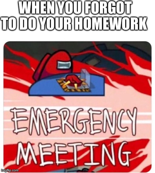 Forgot to do homework | WHEN YOU FORGOT TO DO YOUR HOMEWORK | image tagged in emergency meeting among us | made w/ Imgflip meme maker