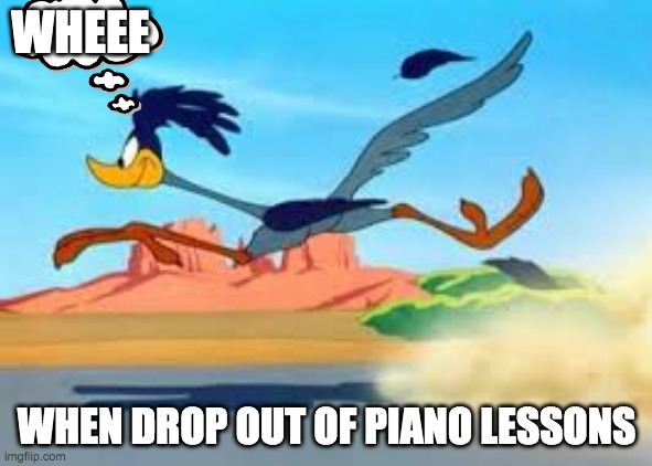 road runner | WHEEE; WHEN DROP OUT OF PIANO LESSONS | image tagged in road runner | made w/ Imgflip meme maker
