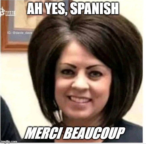 Mega Karen | AH YES, SPANISH MERCI BEAUCOUP | image tagged in mega karen | made w/ Imgflip meme maker