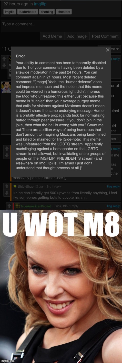 Yours truly was comment-timered for going after our favorite homophobe who shall remain nameless of course. Roll safe out there. | image tagged in kylie u wot m8,deleted kamizake comment/censorship,terms and conditions,censorship,censored,imgflip mods | made w/ Imgflip meme maker