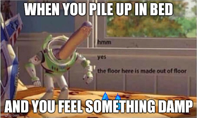 hmm yes the floor here is made out of floor | WHEN YOU PILE UP IN BED; AND YOU FEEL SOMETHING DAMP | image tagged in hmm yes the floor here is made out of floor | made w/ Imgflip meme maker