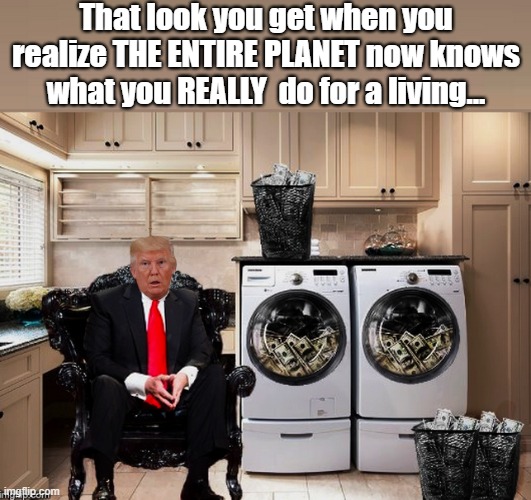 Laundromat Don... | That look you get when you realize THE ENTIRE PLANET now knows what you REALLY  do for a living... | image tagged in dirty laundry,trump is a moron,donald trump is an idiot,crooked,election 2020 | made w/ Imgflip meme maker