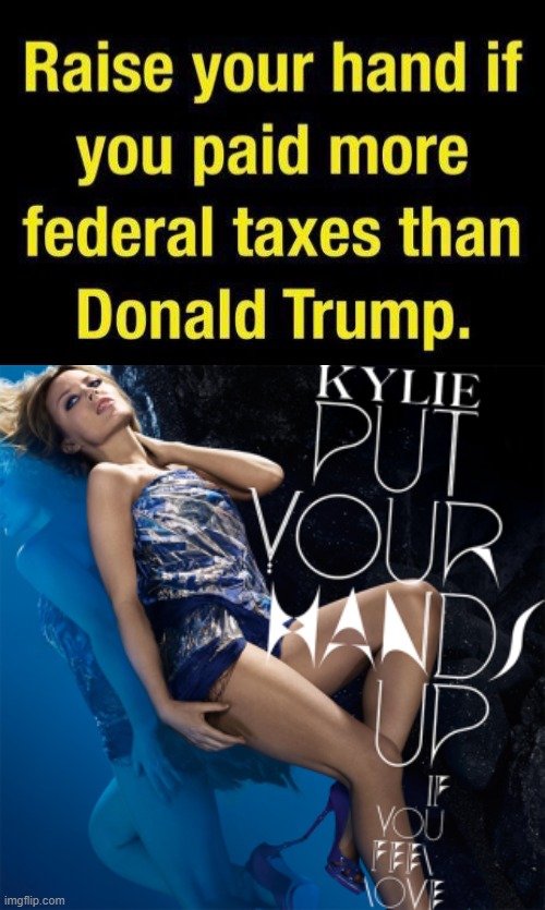Query: Has Kylie Minogue (not even a U.S. resident) paid more U.S. income tax than Trump over the past 10 years? Probs | image tagged in kylie put your hands up if you feel love,donald trump taxes,taxes,income taxes,trump is an asshole,fuck donald trump | made w/ Imgflip meme maker