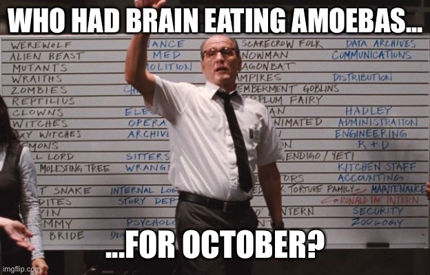 2020 not done yet | WHO HAD BRAIN EATING AMOEBAS... ...FOR OCTOBER? | image tagged in cabin the the woods,corona,armageddon | made w/ Imgflip meme maker