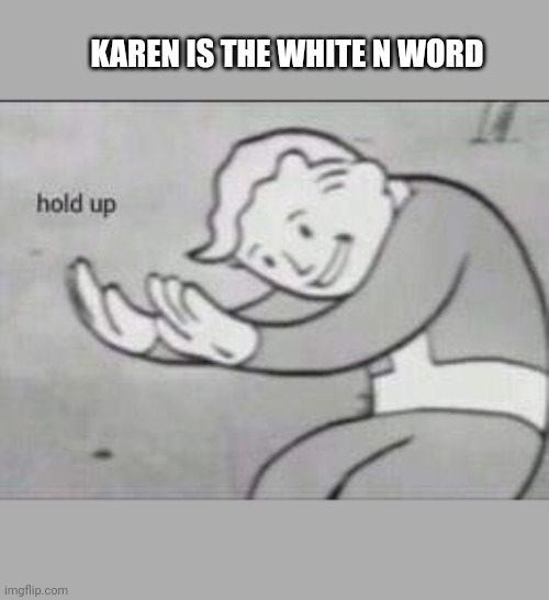 Fallout Hold Up | KAREN IS THE WHITE N WORD | image tagged in fallout hold up | made w/ Imgflip meme maker