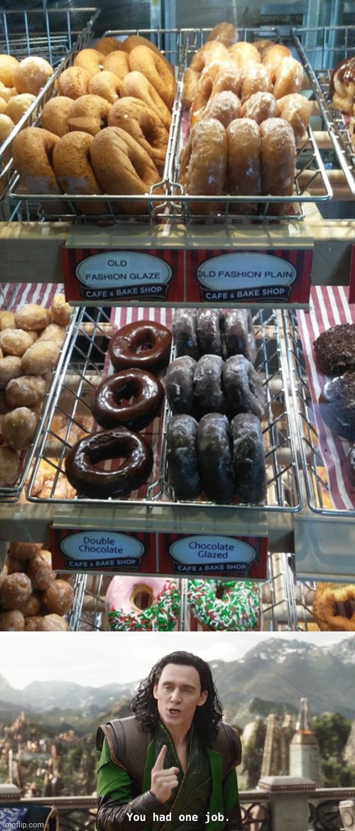 The old fashion glaze donut and old fashion plain are in the wrong sections. | image tagged in you had one job just the one,donuts,donut,memes,funny,you had one job | made w/ Imgflip meme maker
