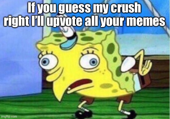 Mocking Spongebob | If you guess my crush right I’ll upvote all your memes | image tagged in memes,mocking spongebob | made w/ Imgflip meme maker