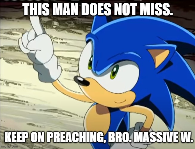 Sonic points to the Egg Moon | THIS MAN DOES NOT MISS. KEEP ON PREACHING, BRO. MASSIVE W. | image tagged in sonic points to the egg moon | made w/ Imgflip meme maker