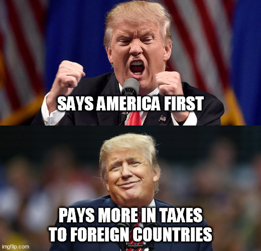 Trump pays more in taxes to foreign countries | SAYS AMERICA FIRST; PAYS MORE IN TAXES TO FOREIGN COUNTRIES | image tagged in angry stupid trump,trump taxes,trump taxes to foreign countries | made w/ Imgflip meme maker