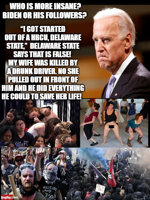 Who Is More Insane? | WHO IS MORE INSANE? BIDEN OR HIS FOLLOWERS? “I GOT STARTED OUT OF A HBCU, DELAWARE STATE,”  DELAWARE STATE SAYS THAT IS FALSE!  MY WIFE WAS KILLED BY A DRUNK DRIVER. NO SHE PULLED OUT IN FRONT OF HIM AND HE DID EVERYTHING HE COULD TO SAVE HER LIFE! | image tagged in stupid liberals,biden | made w/ Imgflip meme maker