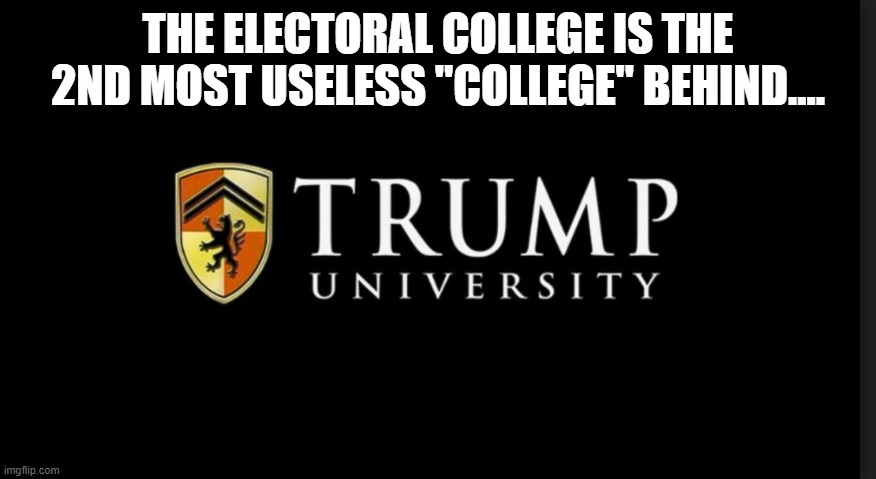 Trump University Logo | THE ELECTORAL COLLEGE IS THE 2ND MOST USELESS "COLLEGE" BEHIND.... | image tagged in trump university logo | made w/ Imgflip meme maker