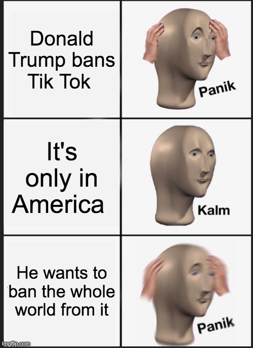 Panik Kalm Panik Meme | Donald Trump bans Tik Tok; It's only in America; He wants to ban the whole world from it | image tagged in memes,panik kalm panik | made w/ Imgflip meme maker