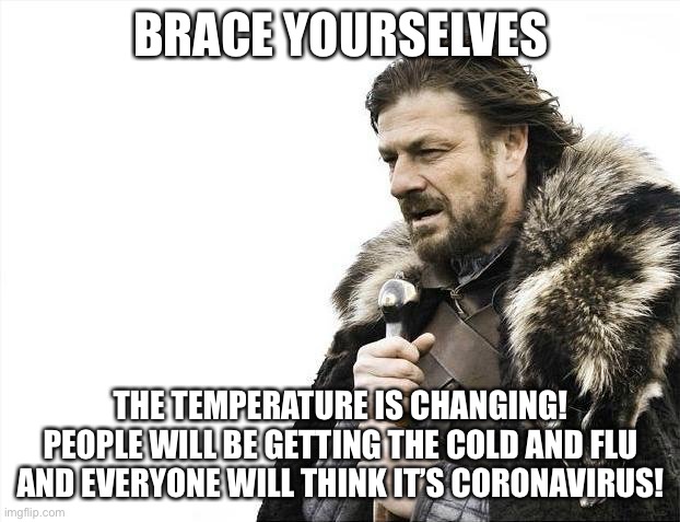 Brace for Corona |  BRACE YOURSELVES; THE TEMPERATURE IS CHANGING! PEOPLE WILL BE GETTING THE COLD AND FLU AND EVERYONE WILL THINK IT’S CORONAVIRUS! | image tagged in memes,brace yourselves x is coming | made w/ Imgflip meme maker