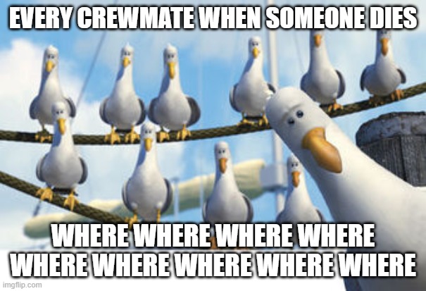 mine mine | EVERY CREWMATE WHEN SOMEONE DIES; WHERE WHERE WHERE WHERE WHERE WHERE WHERE WHERE WHERE | image tagged in mine mine | made w/ Imgflip meme maker