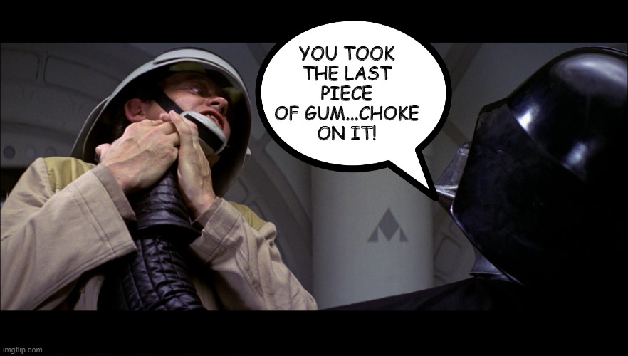 Never Take the Last Piece | YOU TOOK THE LAST PIECE OF GUM...CHOKE ON IT! | image tagged in star wars vader choke | made w/ Imgflip meme maker